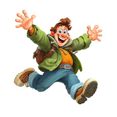 Cartoon character, joyful, leaping, outdoors, backpack