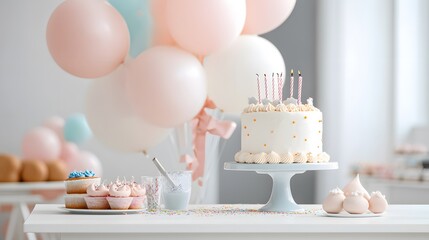 Pastel Birthday Celebration with Cake, Cupcakes, Balloons, and C