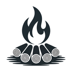 Monochrome Campfire Illustration with Stylized Fire and Wood Logs
