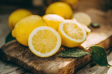 Ripe yellow lemons and their juicy halves rest on a rustic wooden cutting board, accompanied by vibrant green leaves, creating a fresh and inviting scene