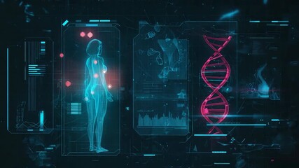 Futuristic HUD scanning female body with animated DNA and data overlay - Powered by Adobe