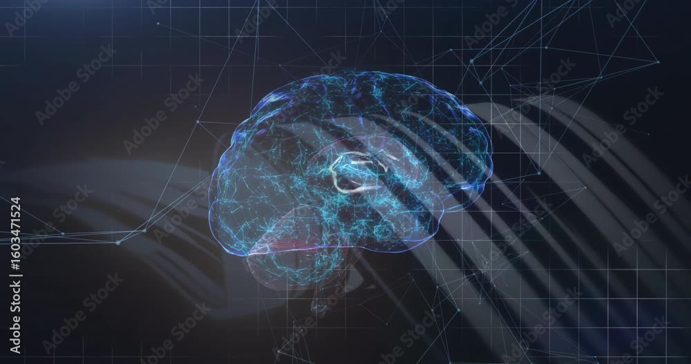 Poster fading in brain model pulsing nodes and rotating while ribbons sweeping visualizing neural network