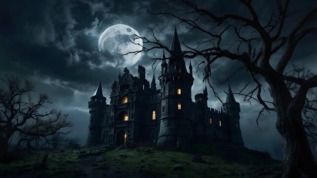 Dark Haunted Castle Under Full Moon with Bare Tree Silhouettes and Cloudy Sky