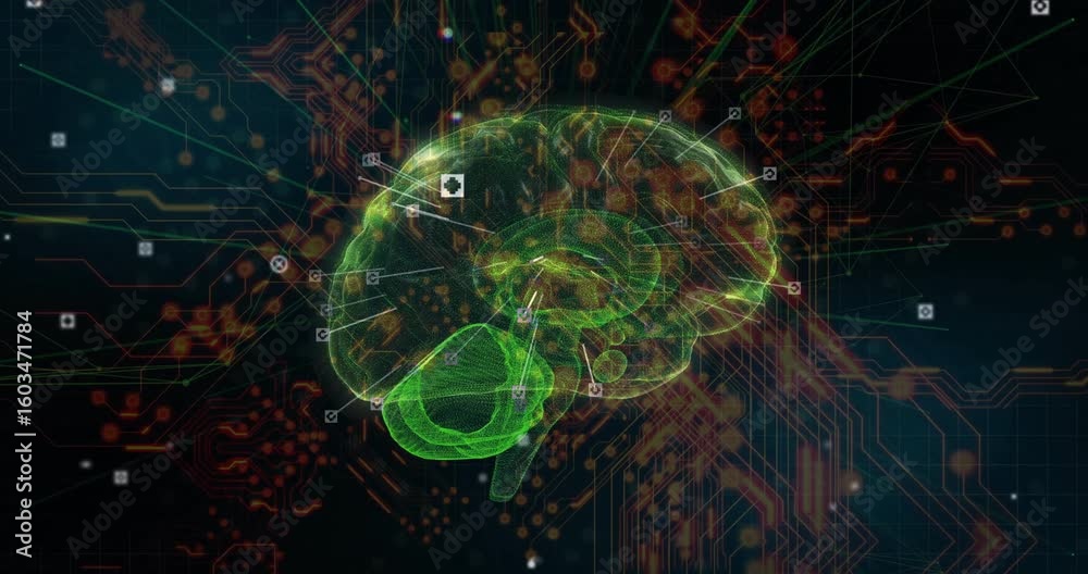 Poster green 3d brain hologram emerging and spinning while extending data lines to highlight neural areas