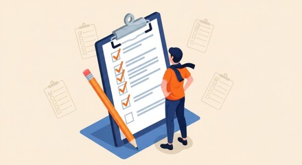 A person stands next to a large clipboard with a completed checklist and a pencil symbolizing task management and productivity