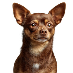 Fototapeta premium Brown Chihuahua stares intently. Portrait-style photo for marketing, web, ads. Brown dog, pet, small breed, chihuahua, headshot, portrait, studio shot.