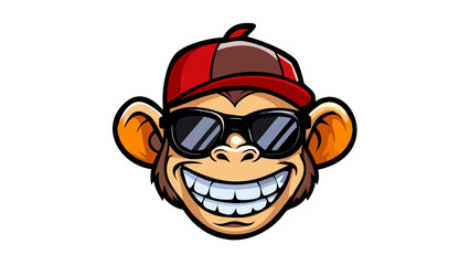 Fototapeta premium Monkey head in sunglasses and baseball cap. Smiling monkey, ape or gorilla character mascot