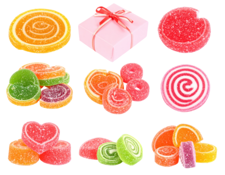 Assorted Colorful Gummy Candies Isolated On Transparent Background Including Round Spiral Heart And Rectangular Shapes With Various Fruit Flavors Presented In Compilation