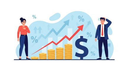 Two business people observe a rising financial graph with stacks of coins and a dollar sign symbolizing economic growth and investment success