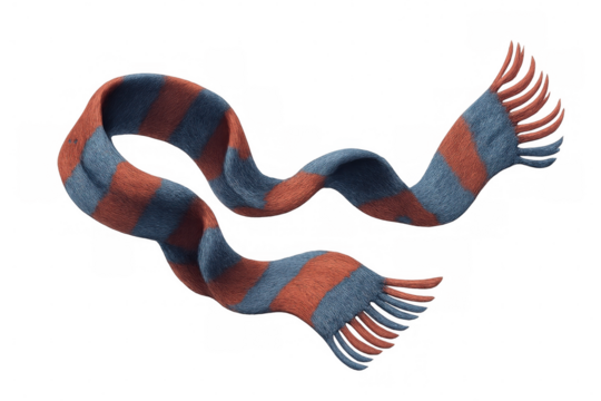 Winter striped scarf softly floating, showcasing cozy textile texture against clean transparent backdrop