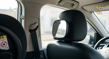 Interior shot of a car showing a baby car seat and a mirror attached to the headrest.