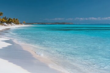 Obraz premium Turquoise water meeting white sand on a sunny beach with palm trees and blue sky in The Bahamas