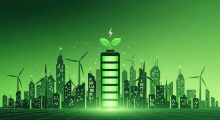 A vibrant green cityscape is illuminated by a large battery symbol with a growing plant and lightning bolt surrounded by wind turbines