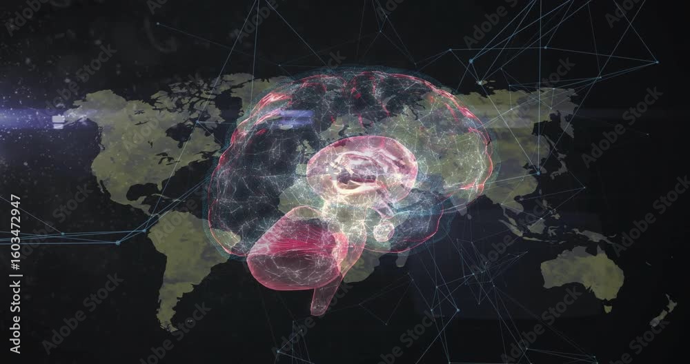 Poster 3d wireframe brain appearing triggers rotating and pulsing pathways visualizing global data flow