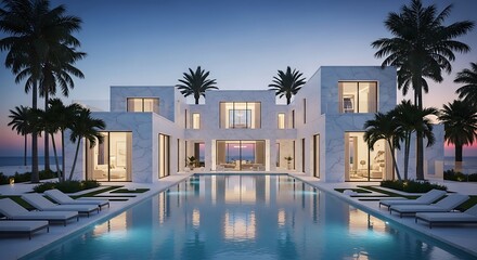 Fototapeta premium Luxurious modern villa with infinity pool and palm trees at sunset or sunrise reflecting elegance