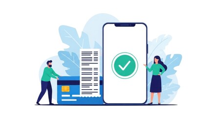 A man and woman interact with a large smartphone displaying a confirmation screen next to a credit card and receipt