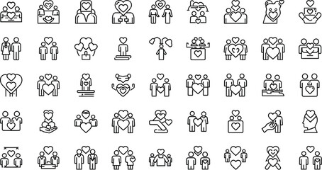 Vector art of a collection of line art icons representing love, relationships, and human connection isolated on white background