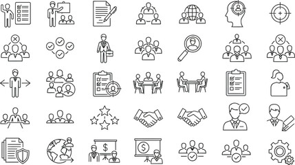 Vector art of a comprehensive set of line icons representing business concepts such as teamwork, meetings, and recruitment, isolated on white background