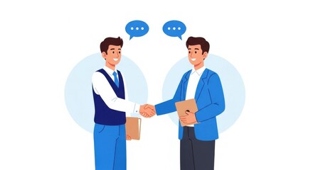 Two smiling businessmen in suits shake hands while discussing a project with speech bubbles indicating conversation and one holding a tablet