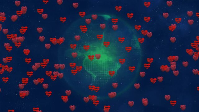 Globe materializing in space initiating hearts flooding then exiting symbolizing love flow