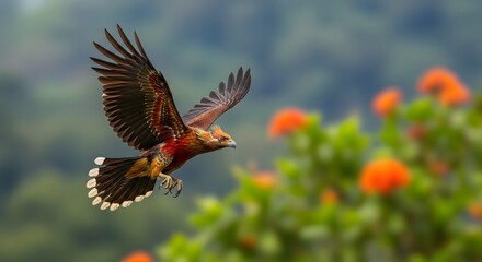Obraz premium A magnificent hawk soars gracefully through the air, its wings outstretched against a soft-focus background of lush green foliage and bright orange blossoms.