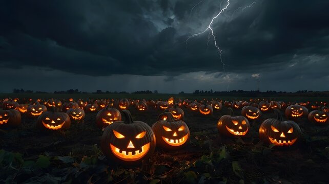 Halloween Pumpkin Carvings in Dark Field with Lightning Storm