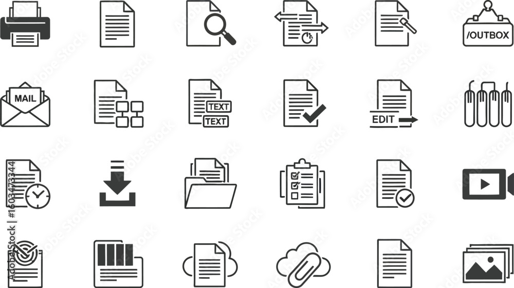 Fototapete vector art of a set of document and file icons representing various office tasks, including printing