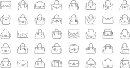 Vector art of a diverse set of handbag icons, each representing a unique style and design, perfect for fashion and accessory related projects isolated on white background