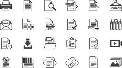 Vector art of a set of document and file icons representing various office tasks, including printing, emailing, editing, and managing files in a digital environment