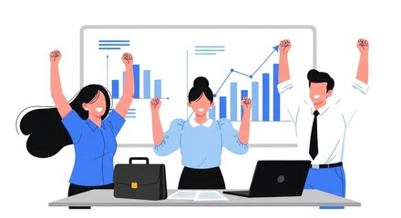 A diverse group of business professionals celebrates a successful financial report with raised arms in an office setting