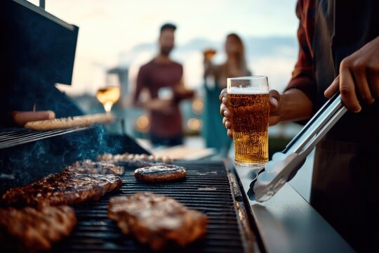 Chef grilling meat and holding beer at a rooftop party with friends, enjoying the sunset and good company