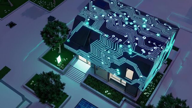 Aerial view of a modern house with a digital circuit pattern overlay, resembling a futuristic tech concept, suitable for a video on smart homes.
