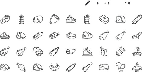 Vector art of a collection of meat icons showcases various cuts of beef, pork, chicken, and lamb in a simple outline style