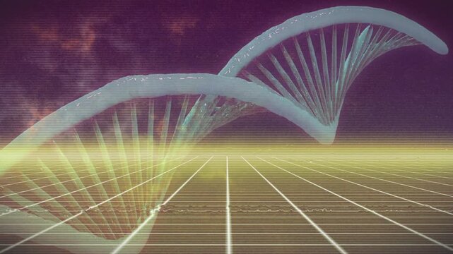Oblong shapes drifting over grid forming rotating double helix with golden beam scanning below