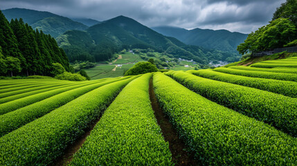 A vibrant, green matcha tea field.	A beautiful, realistic landscape shot of a lush, green tea plantation in Japan, where high-quality matcha leaves are grown, under a soft, overcast sky.
