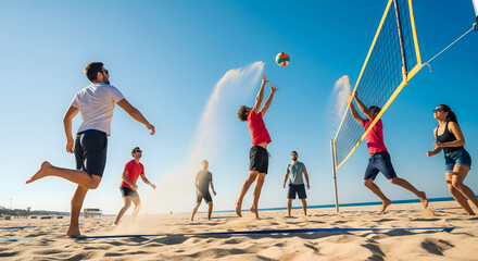 A group of young adult men and women, appearing energetic, play beach volleyball on a sunny day with a clear blue sky