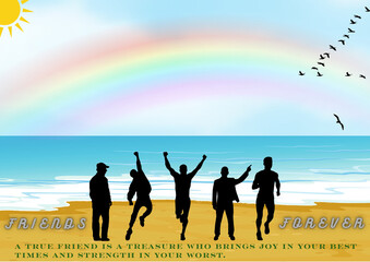 Friendship with friends and happy friendship day illustration with best friends and buddy enjoying beach under rainbow with friends forever concept