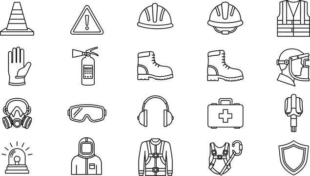 Vector art of safety equipment icons display various protective gear such as helmets, vests, gloves, and masks, all on an isolated on white background