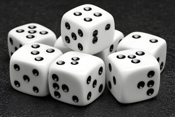 Seven white dice with black pips on a dark surface.