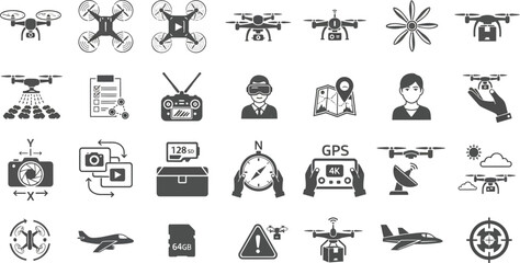 Vector art of a diverse collection of drone icons representing various features and applications isolated on white background