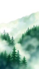 Fototapeta premium Misty blue mountains with silhouetted pine trees in a winter forest fog