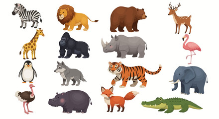 Fototapeta premium A collection of diverse cartoon animals including a zebra, lion, bear, deer, giraffe, gorilla, rhino, flamingo, penguin, ostrich, wolf, tiger, elephant, fox, hippo, and crocodile.