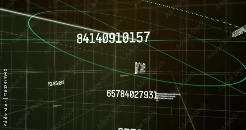Poster dark grid rotating triggers green diagonal beam emerging, scanning labels updating visualizing data
