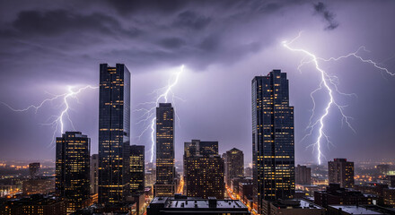A dramatic cityscape illuminated by multiple powerful lightning strikes during a dark and stormy night