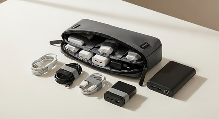 Gray zippered organizer case with various electronic accessories, including chargers, cables, and adapters, neatly arranged on a light surface.