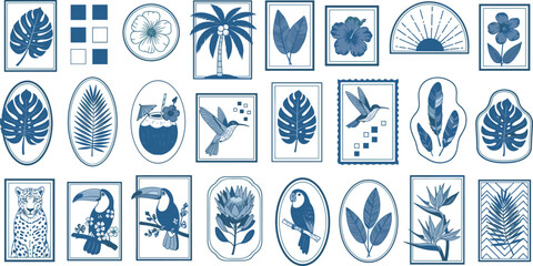 Tropical summer elements in frames. Exotic geometric pattern. Jungle nature sticker set.