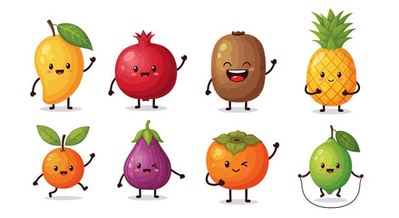 Naklejka premium Cartoon illustration featuring a collection of eight smiling fruit characters, including a mango, pomegranate, kiwi, pineapple, orange, eggplant, persimmon, and lime.