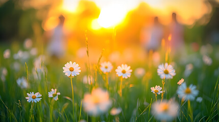Two blurred children walking in a field of daisies at sunset.