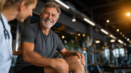 Supportive Consultation: A health professional providing support to a mature adult at the gym. Capturing a moment of trust, care, and encouragement in a modern setting.