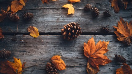 Fototapeta premium Autumn flat lay with pinecones and dried leaves on rustic wooden background. 